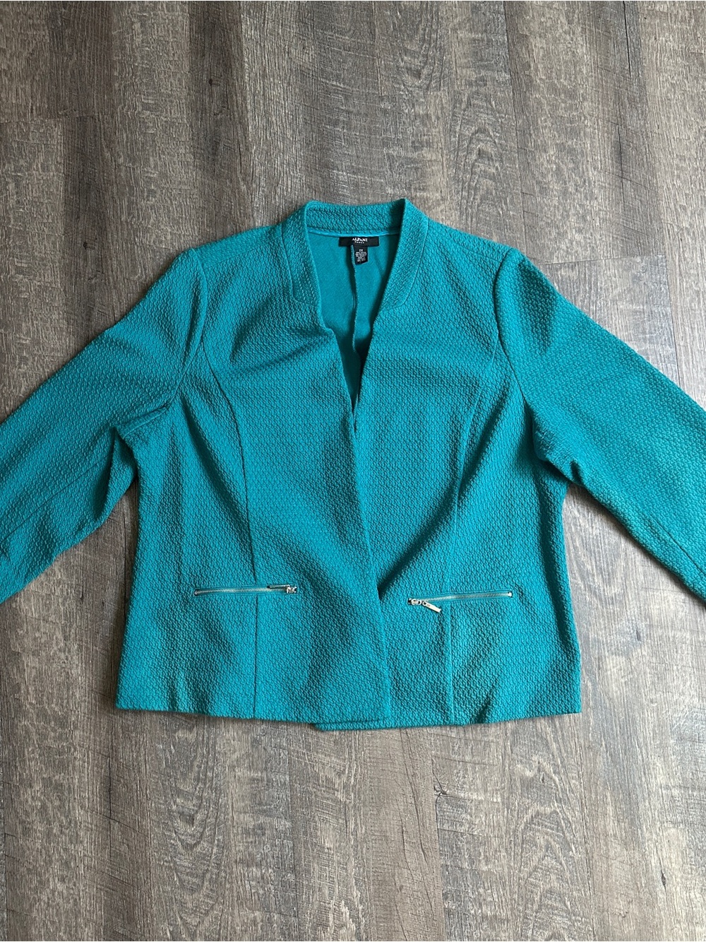Alfani Textured Teal Open Front Jacket with Zip Pockets
